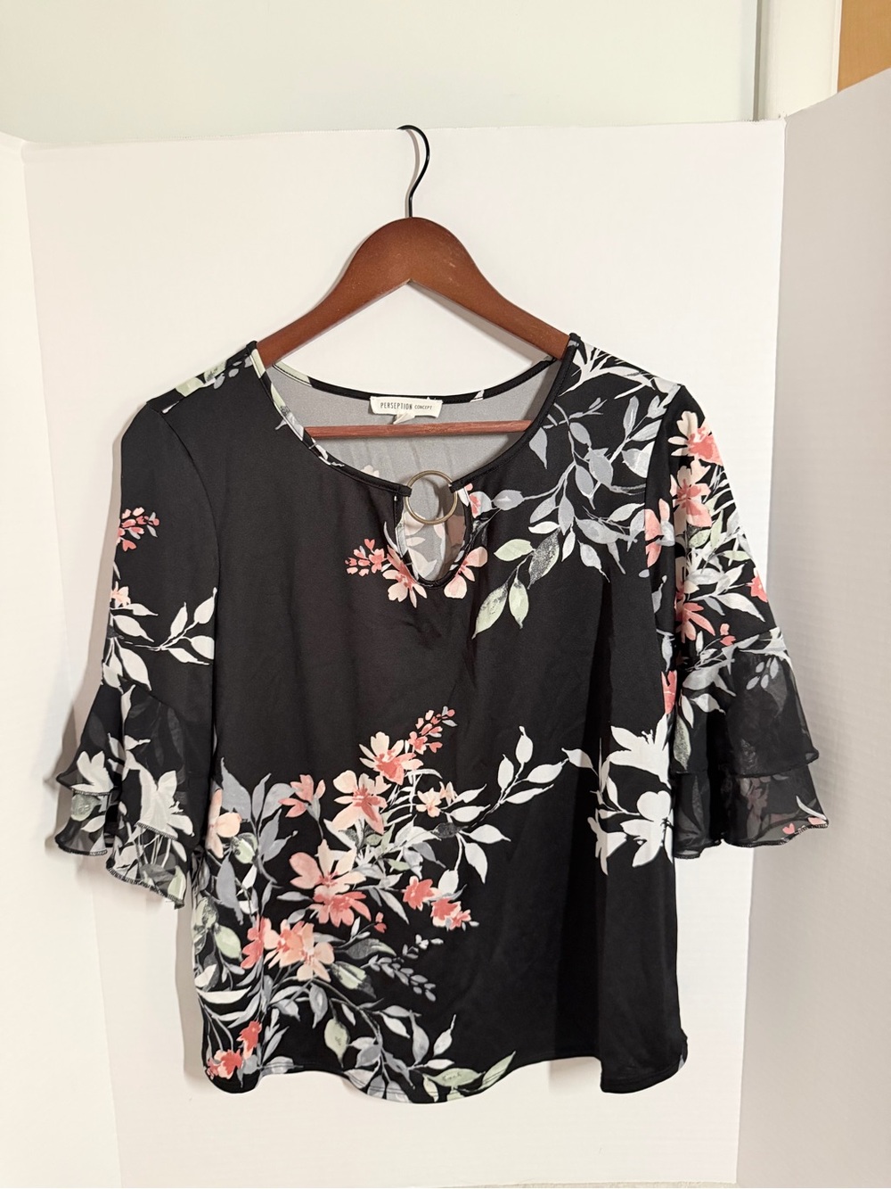 PerSeption Concept Black Floral Keyhole Blouse with Ring